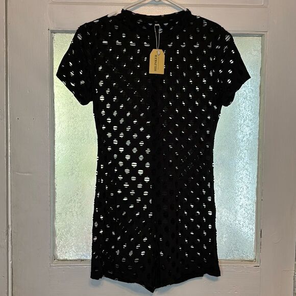 NWT Hilinker Women’s Black Mesh Zip Up One Piece Romper swimsuit coverup size m - Picture 1 of 7